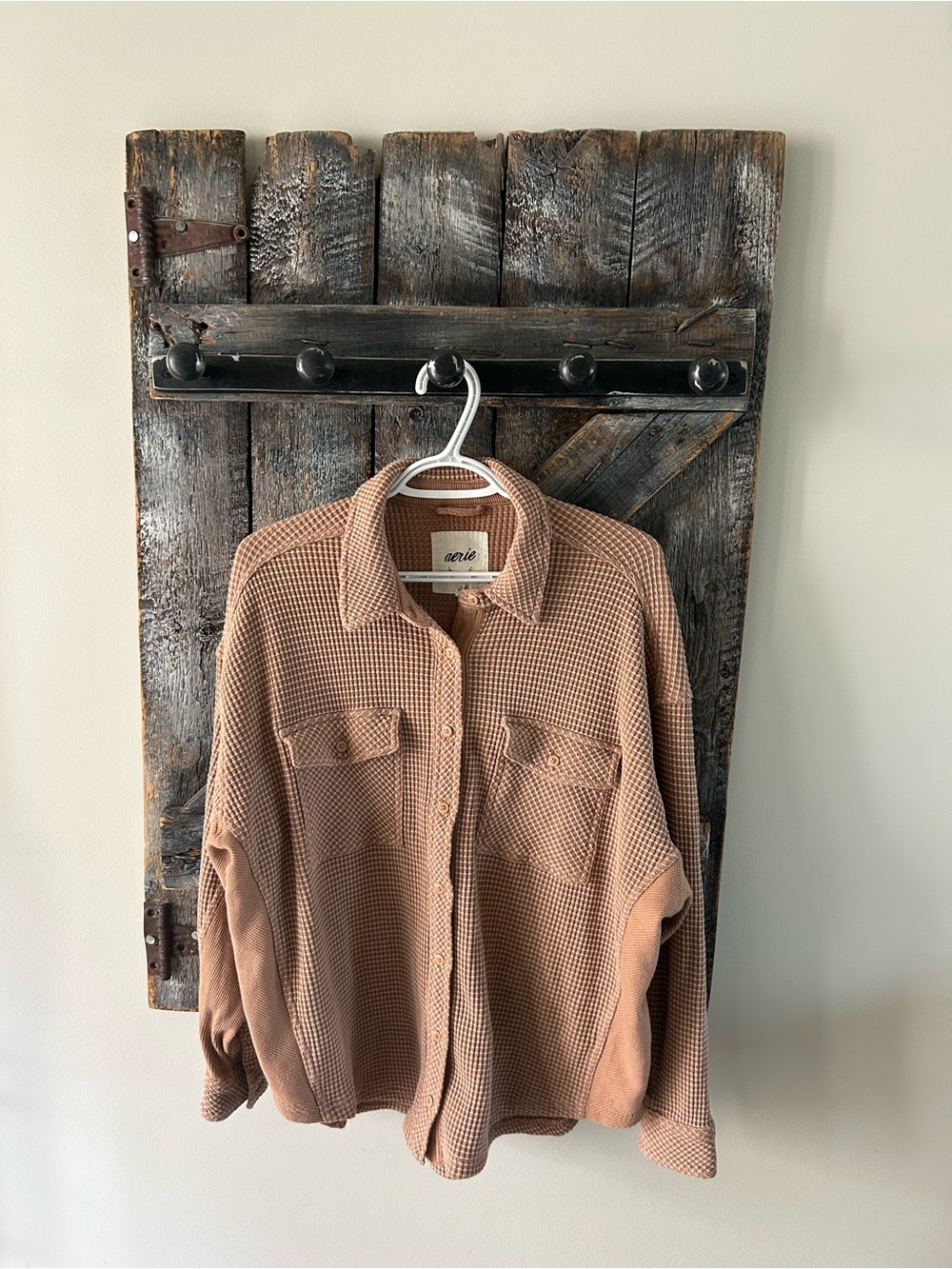 Women's Aerie Waffle Knit Button-Up Shirt Jacket in Tan